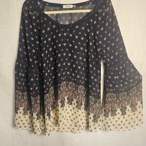 Blu Pepper Size L Floral Sheer Beige Navy Pink Top Blouse Flare Sleeve